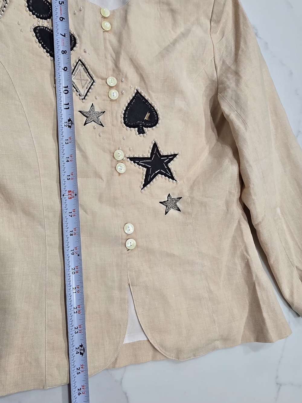 Vintage Ann Gerlin 100% Linen Beaded Skirt Suit Set Tan Stars Hearts Size 6 - Picture 13 of 16